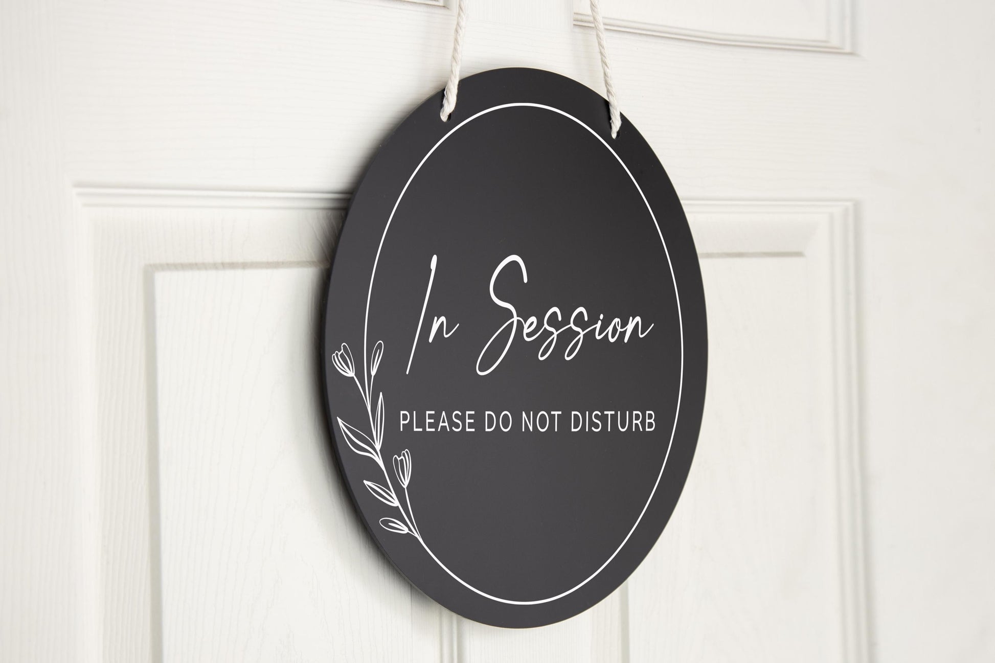 Round Hanging Acrylic Sign (In Session) w/ White Rope - Custom window signage for office, rental, small business logo, trade shows signs