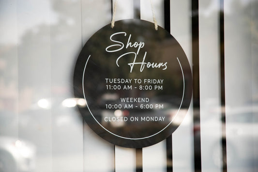 Round Hanging Acrylic Sign (Store Hours) w/ White Rope - custom signage for office home rental door, small business, spa salon working signs