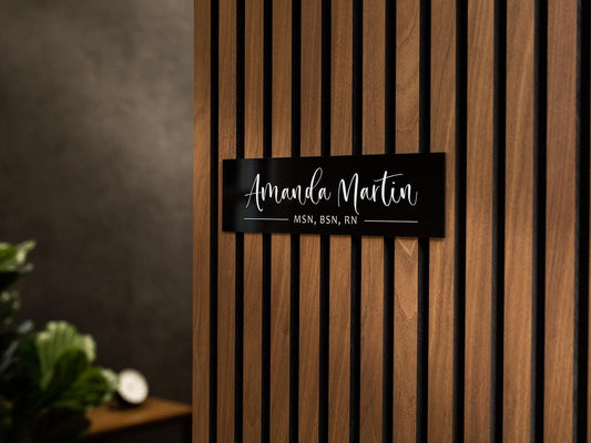 Wall Sign Name Plate (No Hole) - 2 Sizes Personalized Stick on Executive CEO Sign, New Job Business Decor, Staff Teacher Appreciation Gift