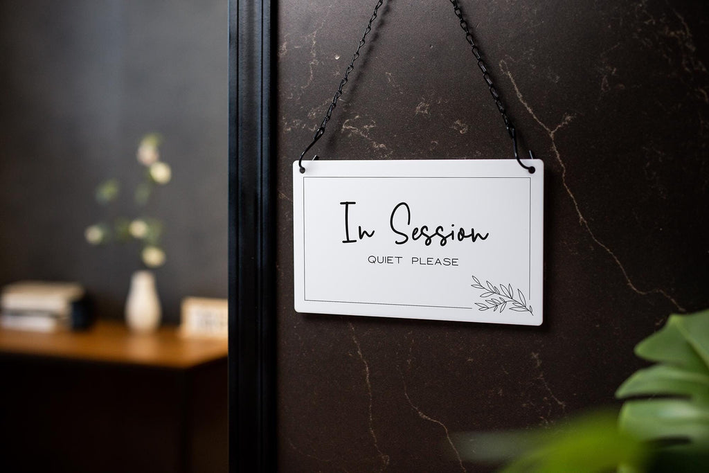 Hanging Acrylic Sign & Black Metal Chain (D7) - 11.5x7" Custom Window Office Home Business Door Wall Signage, Therapy In Session Personalize