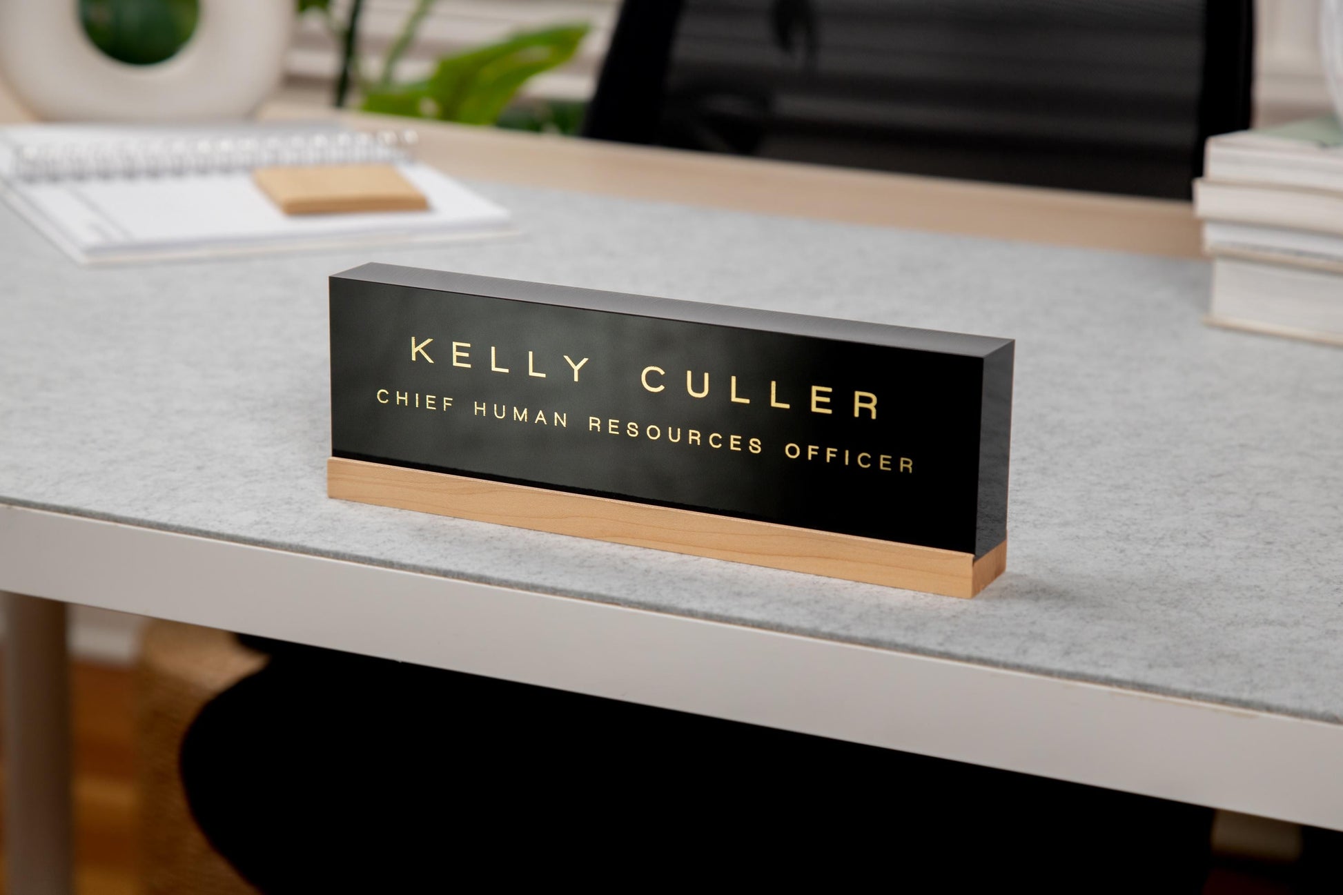 Personalized Foil Acrylic Name Block (Black) w/ Optional Wood Base - Minimal Executive Desk CEO Sign, Job Office Teacher or Promotion Gift