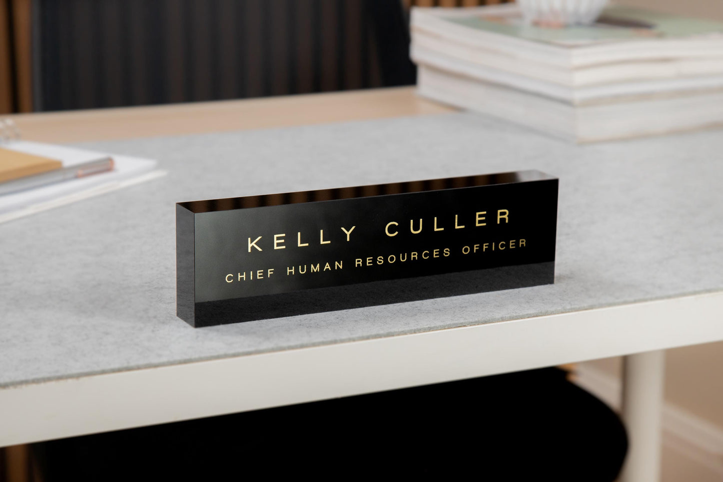 Personalized Foil Acrylic Name Block (Black) w/ Optional Wood Base - Minimal Executive Desk CEO Sign, Job Office Teacher or Promotion Gift