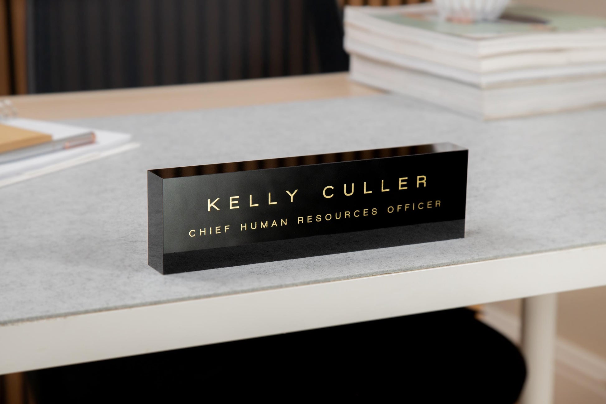 Personalized Foil Acrylic Name Block (Black) w/ Optional Wood Base - Minimal Executive Desk CEO Sign, Job Office Teacher or Promotion Gift