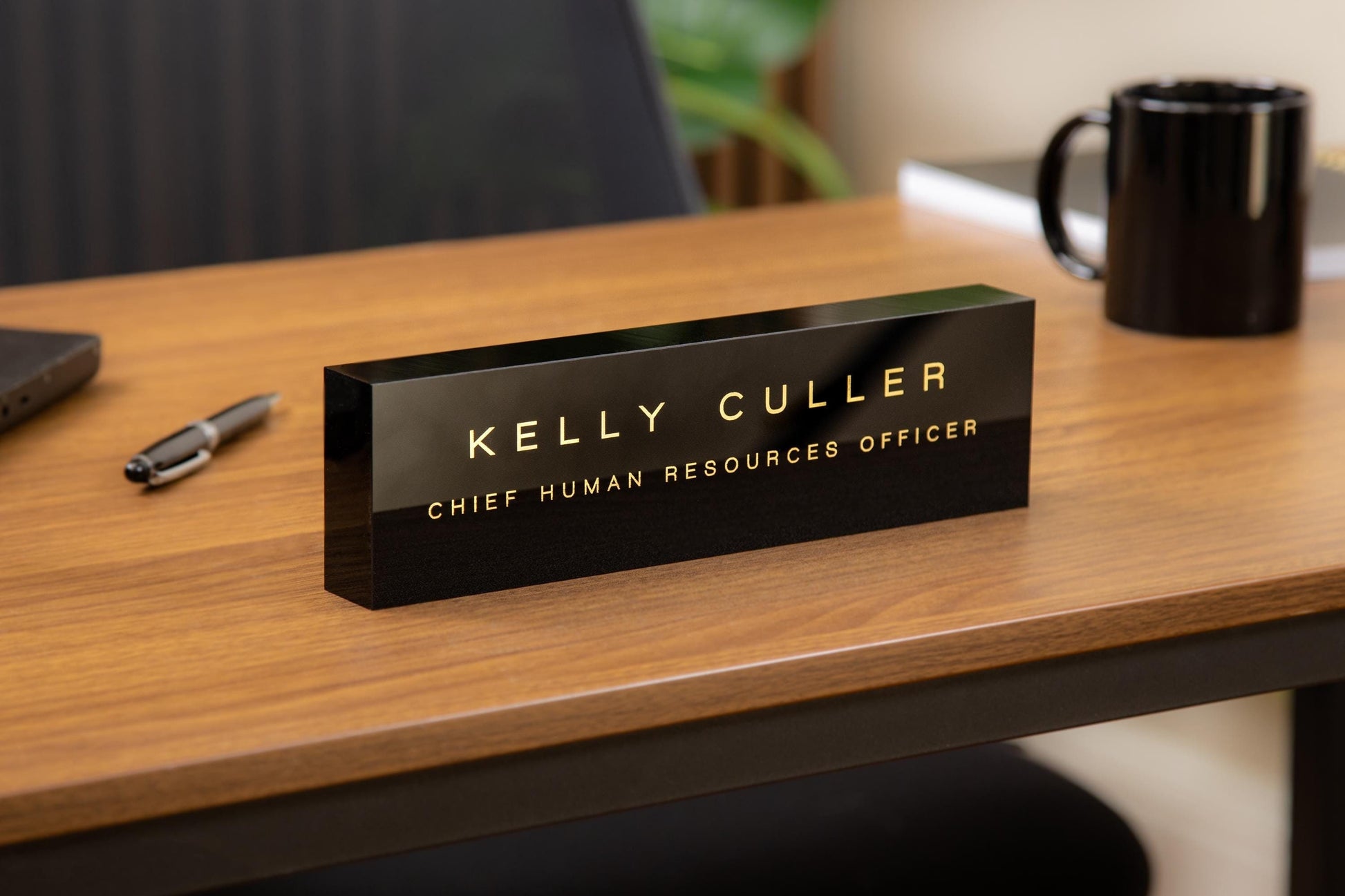 Personalized Foil Acrylic Name Block (Black) w/ Optional Wood Base - Minimal Executive Desk CEO Sign, Job Office Teacher or Promotion Gift