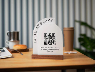 Full Arch Double Acrylic Sign w/ Walnut Base (QR Code D1) - Scannable Scan to Pay Signage, Business Website Social Media Venmo Craft Shows