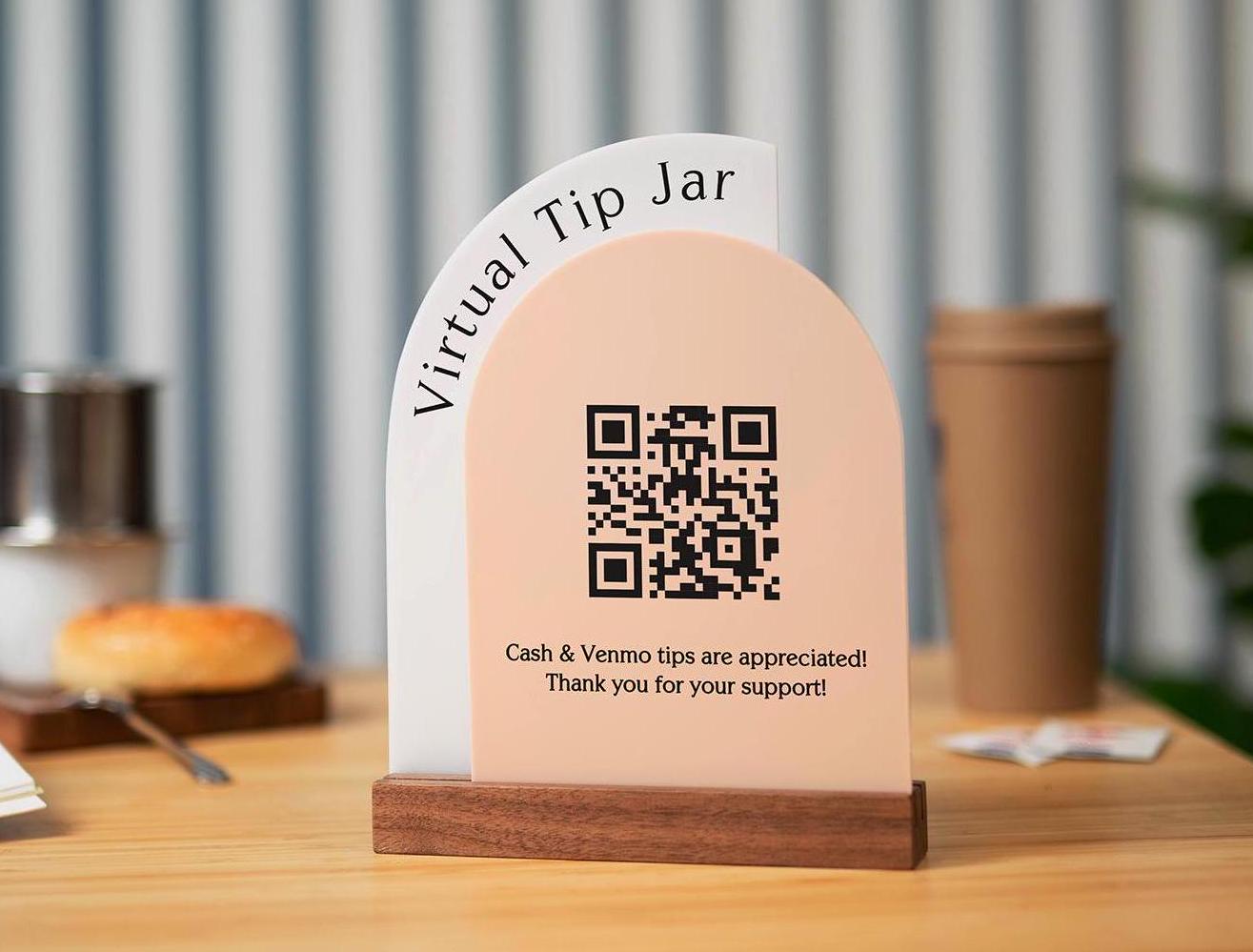 Full Arch Double Acrylic Sign w/ Walnut Base (QR Code D1) - Scannable Scan to Pay Signage, Business Website Social Media Venmo Craft Shows