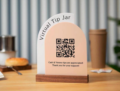 Full Arch Double Acrylic Sign w/ Walnut Base (QR Code D1) - Scannable Scan to Pay Signage, Business Website Social Media Venmo Craft Shows