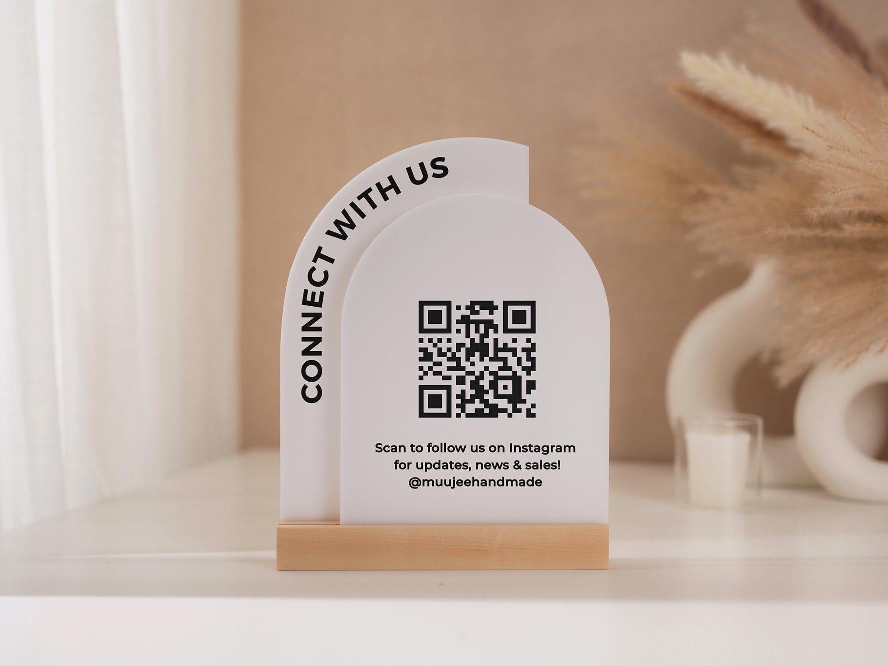 Full Arch Double Acrylic Sign w/ Maple Base (QR Code D2) - Scannable Scan to Pay Signage, Business Website Social Media Venmo Craft Shows