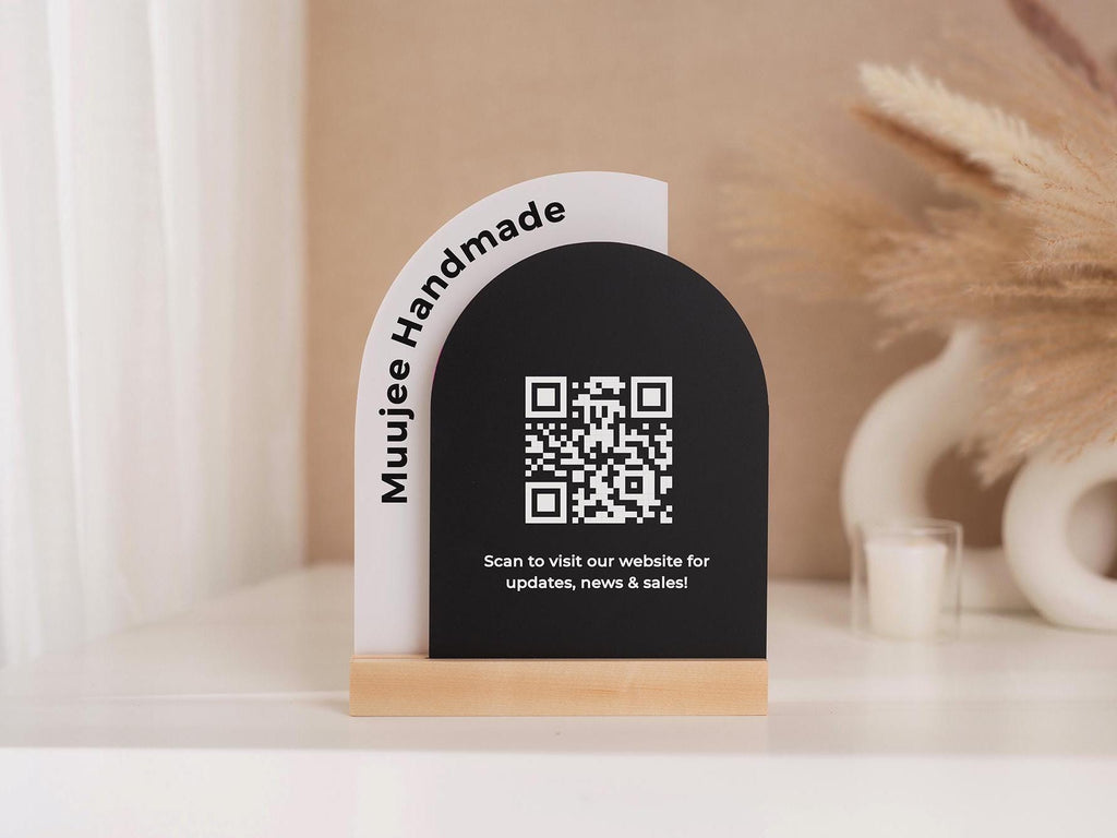 Full Arch Double Acrylic Sign w/ Maple Base (QR Code D2) - Scannable Scan to Pay Signage, Business Website Social Media Venmo Craft Shows
