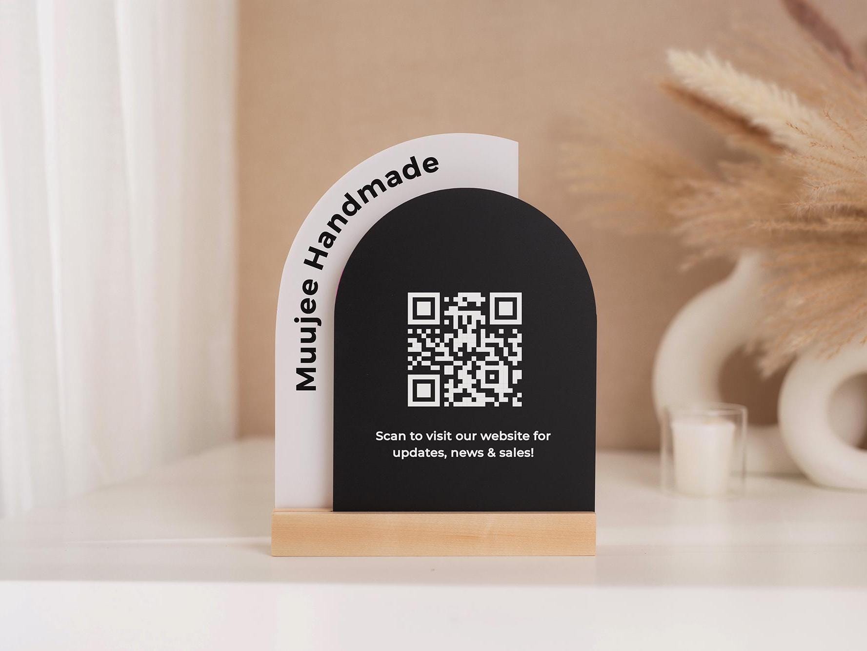 Full Arch Double Acrylic Sign w/ Maple Base (QR Code D2) - Scannable Scan to Pay Signage, Business Website Social Media Venmo Craft Shows