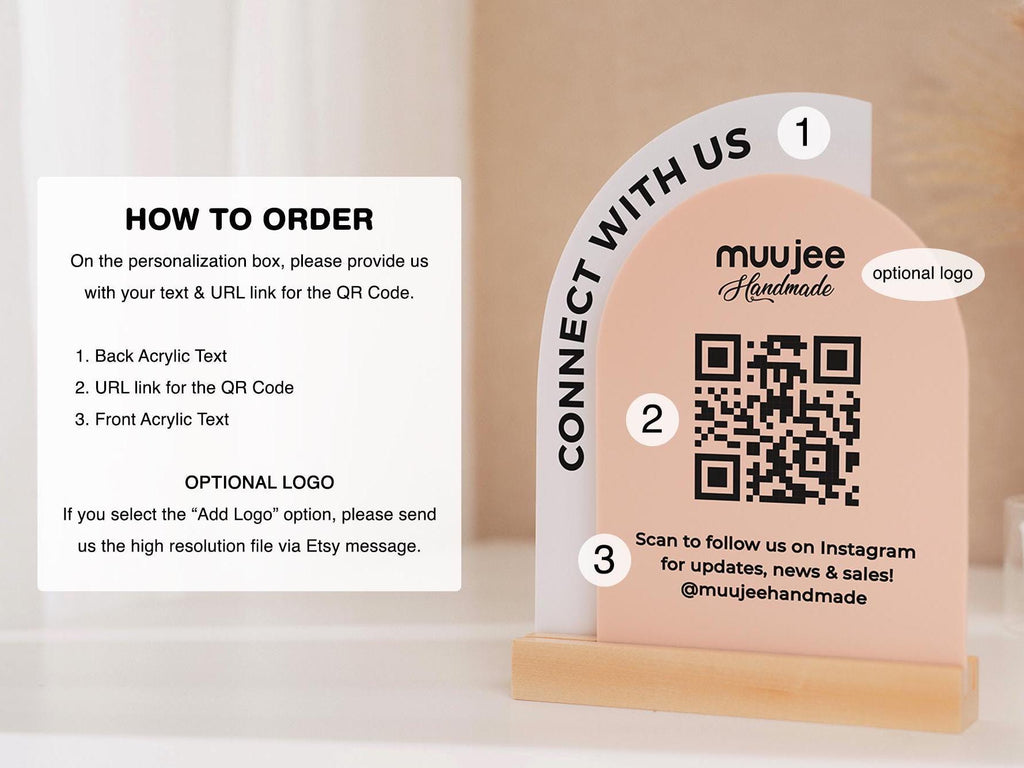 Full Arch Double Acrylic Sign w/ Maple Base (QR Code D2) - Scannable Scan to Pay Signage, Business Website Social Media Venmo Craft Shows