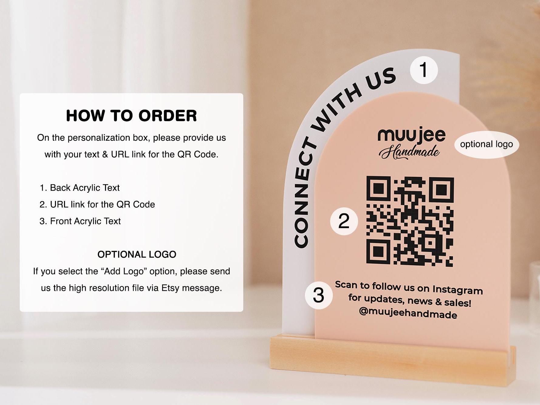 Full Arch Double Acrylic Sign w/ Maple Base (QR Code D2) - Scannable Scan to Pay Signage, Business Website Social Media Venmo Craft Shows