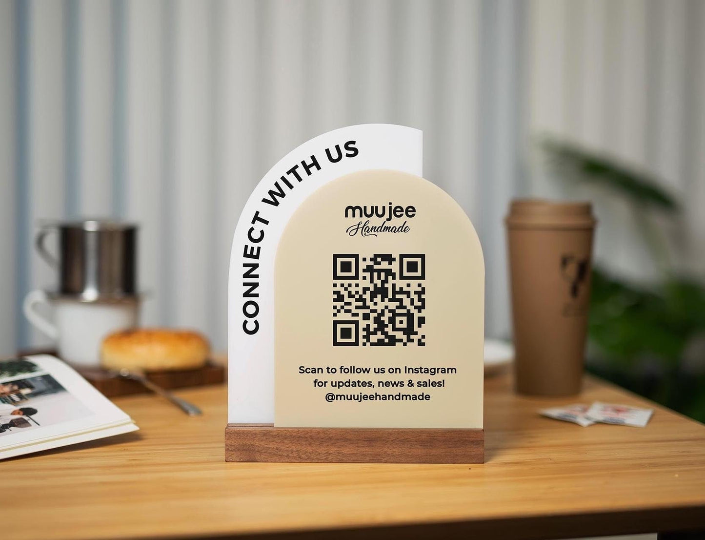 Full Arch Double Acrylic Sign w/ Walnut Base (QR Code D2) - Scannable Scan to Pay Signage, Business Website Social Media Venmo Craft Shows