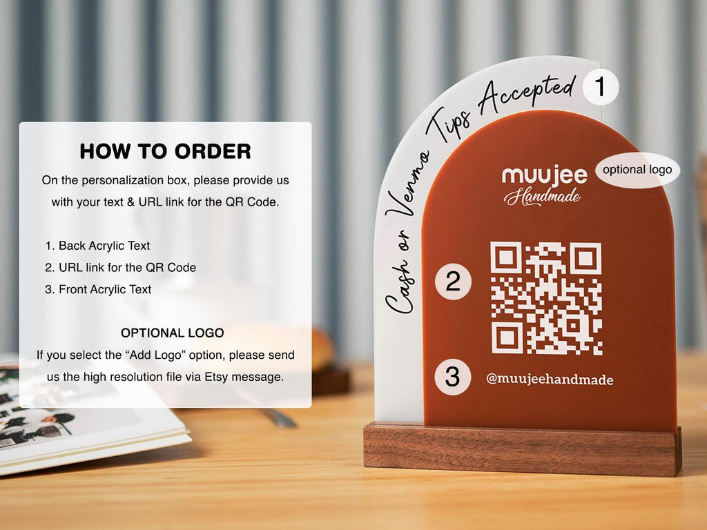 Full Arch Double Acrylic Sign w/ Walnut Base (QR Code D3) - Scannable Scan to Pay Signage, Business Website Social Media Venmo Craft Shows