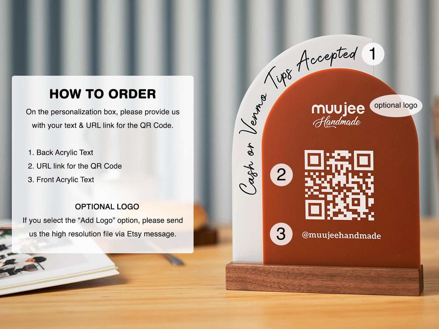Full Arch Double Acrylic Sign w/ Walnut Base (QR Code D3) - Scannable Scan to Pay Signage, Business Website Social Media Venmo Craft Shows