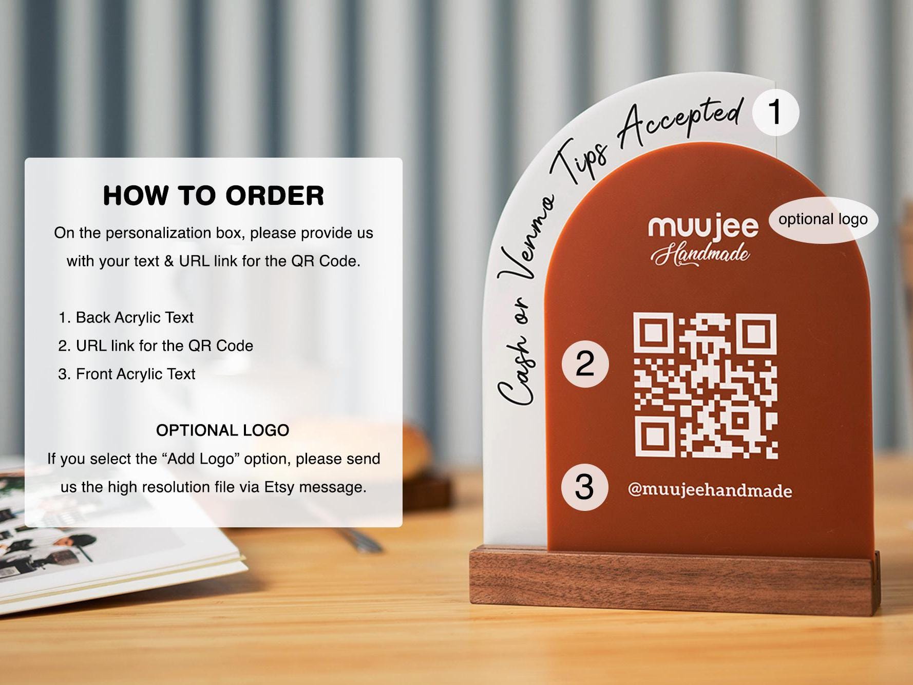 Full Arch Double Acrylic Sign w/ Walnut Base (QR Code D3) - Scannable Scan to Pay Signage, Business Website Social Media Venmo Craft Shows