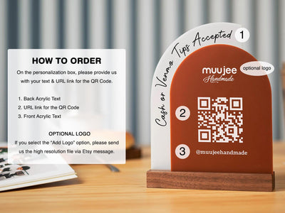 Full Arch Double Acrylic Sign w/ Walnut Base (QR Code D3) - Scannable Scan to Pay Signage, Business Website Social Media Venmo Craft Shows