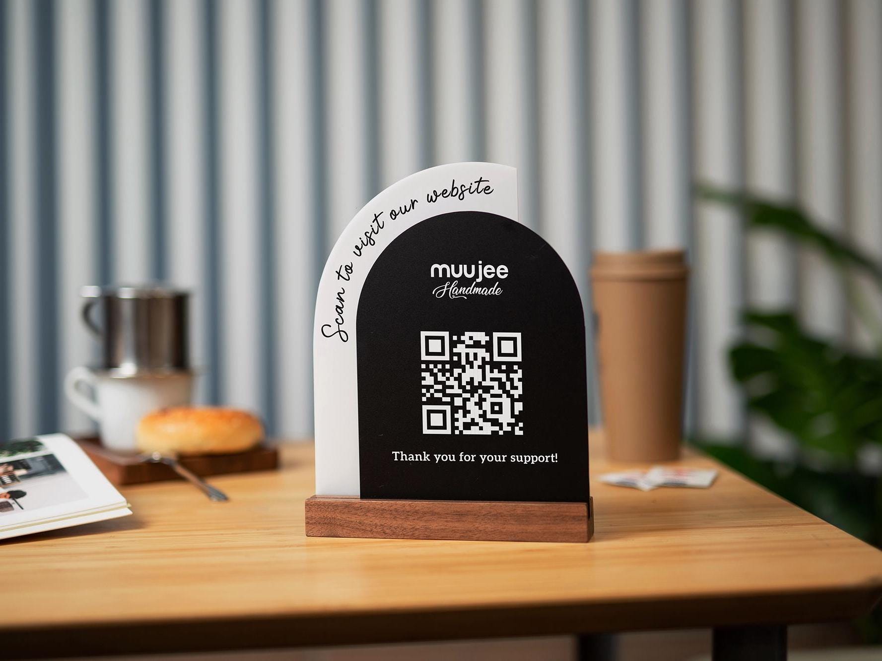 Full Arch Double Acrylic Sign w/ Walnut Base (QR Code D3) - Scannable Scan to Pay Signage, Business Website Social Media Venmo Craft Shows