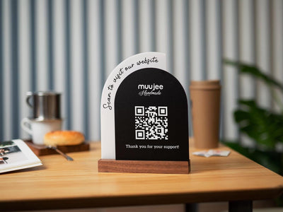 Full Arch Double Acrylic Sign w/ Walnut Base (QR Code D3) - Scannable Scan to Pay Signage, Business Website Social Media Venmo Craft Shows