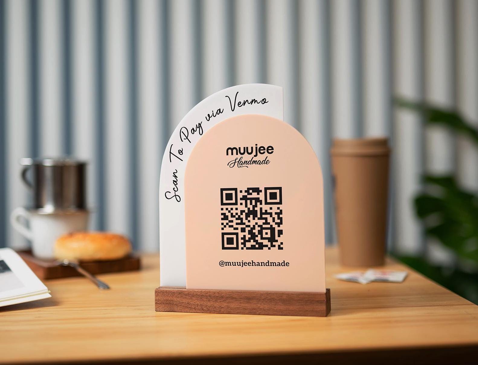 Full Arch Double Acrylic Sign w/ Walnut Base (QR Code D3) - Scannable Scan to Pay Signage, Business Website Social Media Venmo Craft Shows