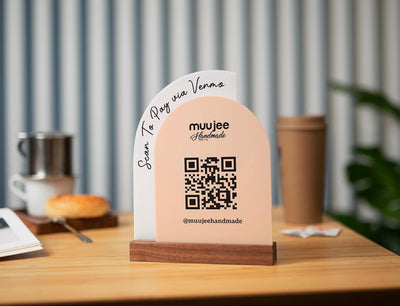 Full Arch Double Acrylic Sign w/ Walnut Base (QR Code D3) - Scannable Scan to Pay Signage, Business Website Social Media Venmo Craft Shows