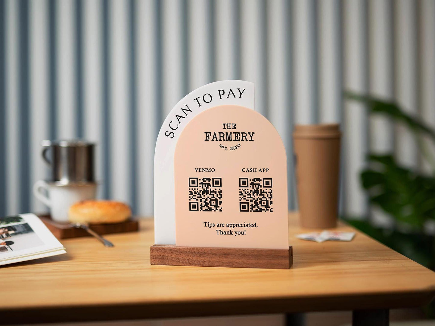 Full Arch Double Acrylic Sign (2 QR Codes w/ Logo) - Scannable Scan to Pay Table Market Signs Business Website Social Media Venmo (Design1)