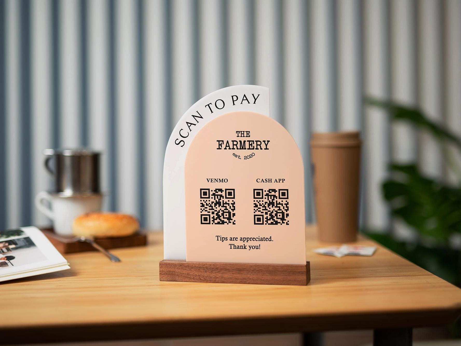 Full Arch Double Acrylic Sign (2 QR Codes w/ Logo) - Scannable Scan to Pay Table Market Signs Business Website Social Media Venmo (Design1)