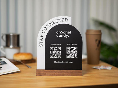 Full Arch Double Acrylic Sign (2 QR Codes w/ Logo) - Scannable Scan to Pay Table Market Signs Business Website Social Media Venmo (Design1)