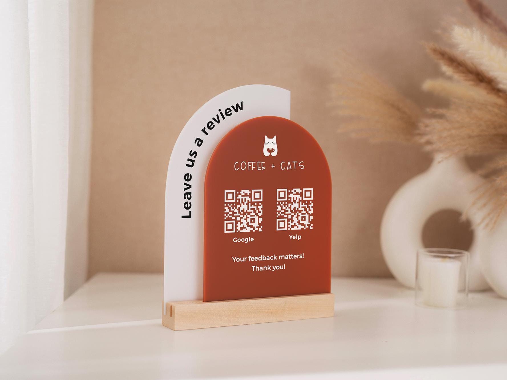 Full Arch Double Acrylic Sign (2 QR Codes w/ Logo) - Scannable Scan to Pay Table Market Signs Business Website Social Media Venmo (Design2)