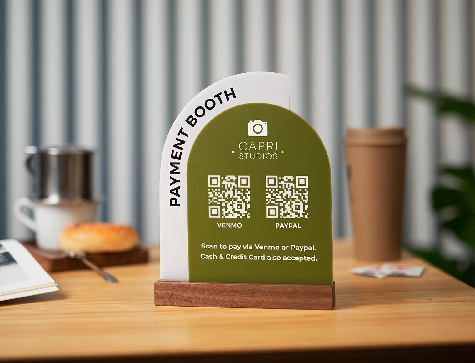 Full Arch Double Acrylic Sign (2 QR Codes w/ Logo) - Scannable Scan to Pay Table Market Signs Business Website Social Media Venmo (Design2)