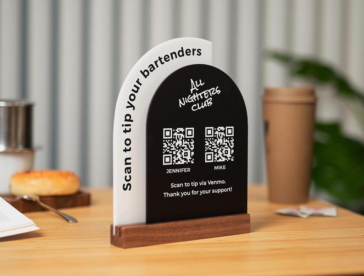Full Arch Double Acrylic Sign (2 QR Codes w/ Logo) - Scannable Scan to Pay Table Market Signs Business Website Social Media Venmo (Design2)