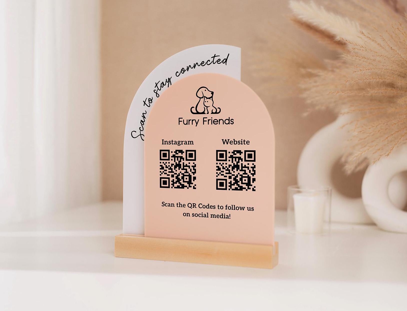 Full Arch Double Acrylic Sign (2 QR Codes w/ Logo) - Scannable Scan to Pay Table Market Signs Business Website Social Media Venmo (Design3)
