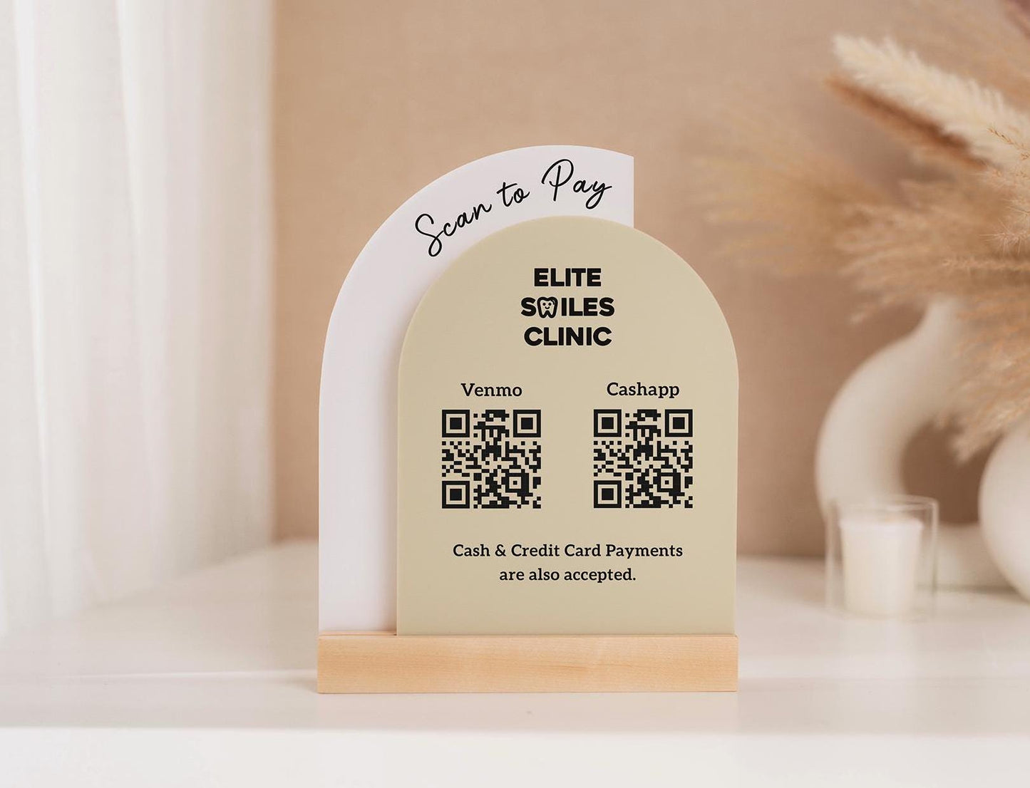 Full Arch Double Acrylic Sign (2 QR Codes w/ Logo) - Scannable Scan to Pay Table Market Signs Business Website Social Media Venmo (Design3)