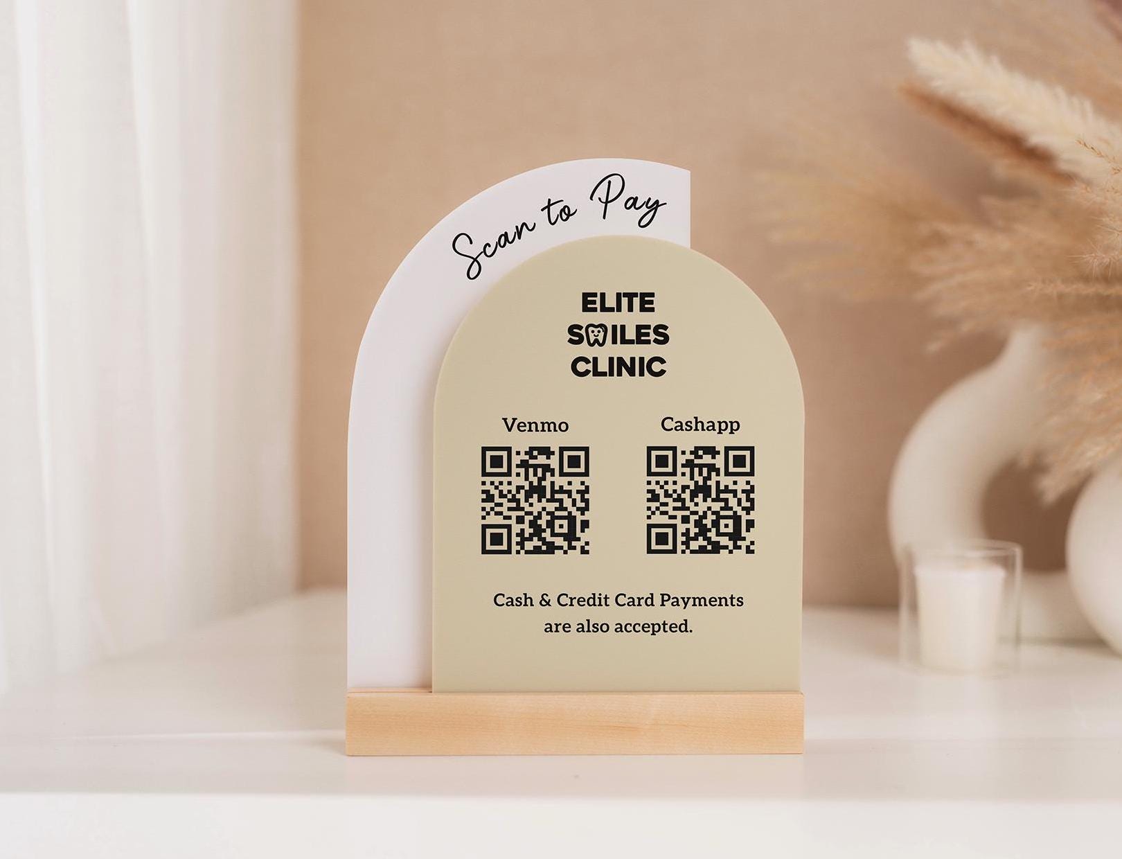 Full Arch Double Acrylic Sign (2 QR Codes w/ Logo) - Scannable Scan to Pay Table Market Signs Business Website Social Media Venmo (Design3)