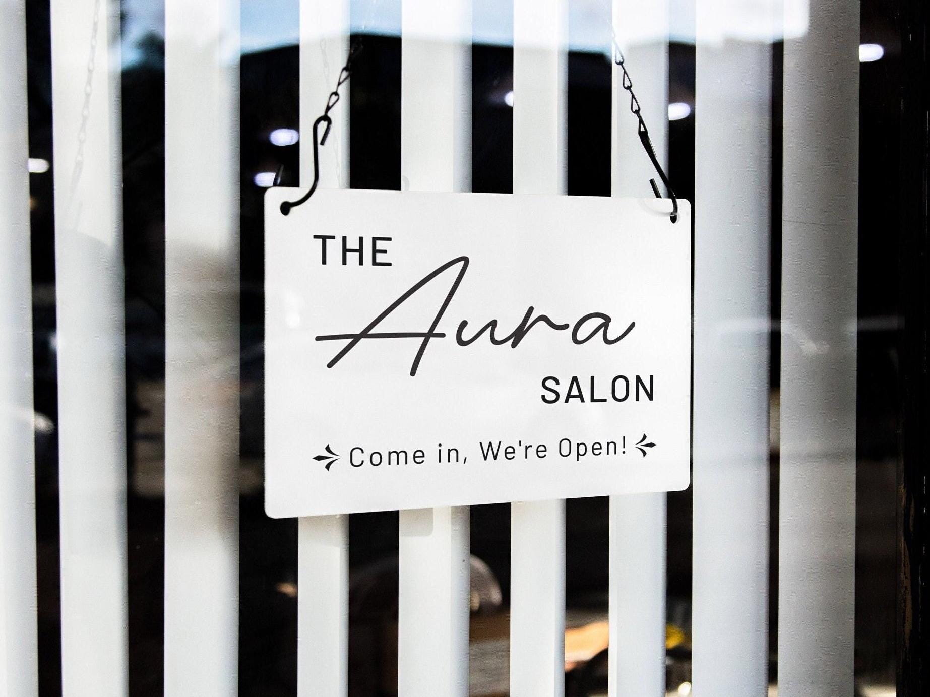 Hanging Acrylic Sign w/ Metal Chain (D3) - 11.5x7" Custom Signage for Store Name Office Door Window Open Closed, Craft Trade Show