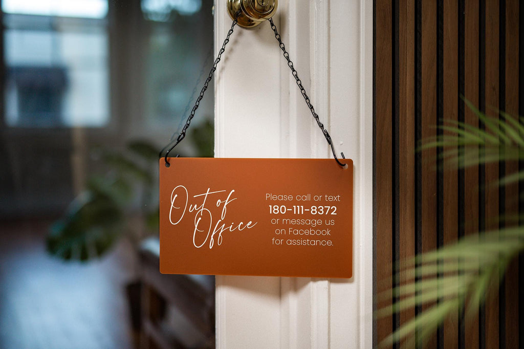 Hanging Acrylic Sign & Black Metal Chain (D8) - 11.5x7" Custom Window Office Home Business Door Wall Signage, On Break Open Closed Display