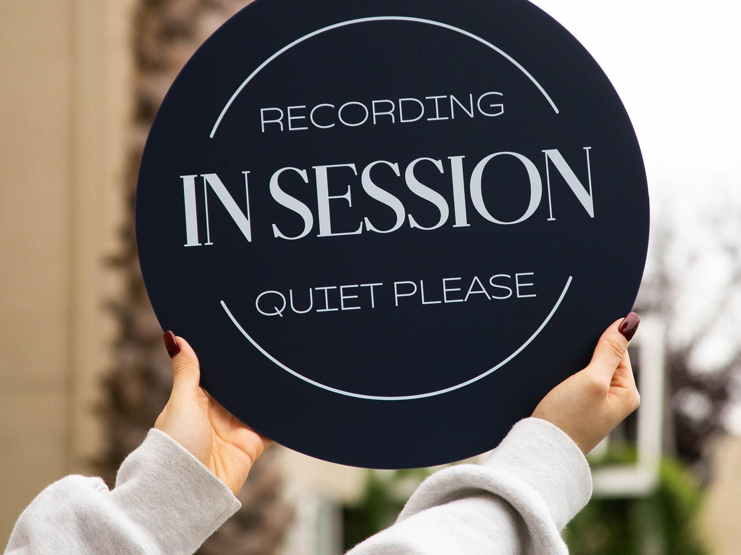 Round Hanging Acrylic Sign (Recording) w/ White Rope - custom signage for office home rental door, small business logo sign, trade show