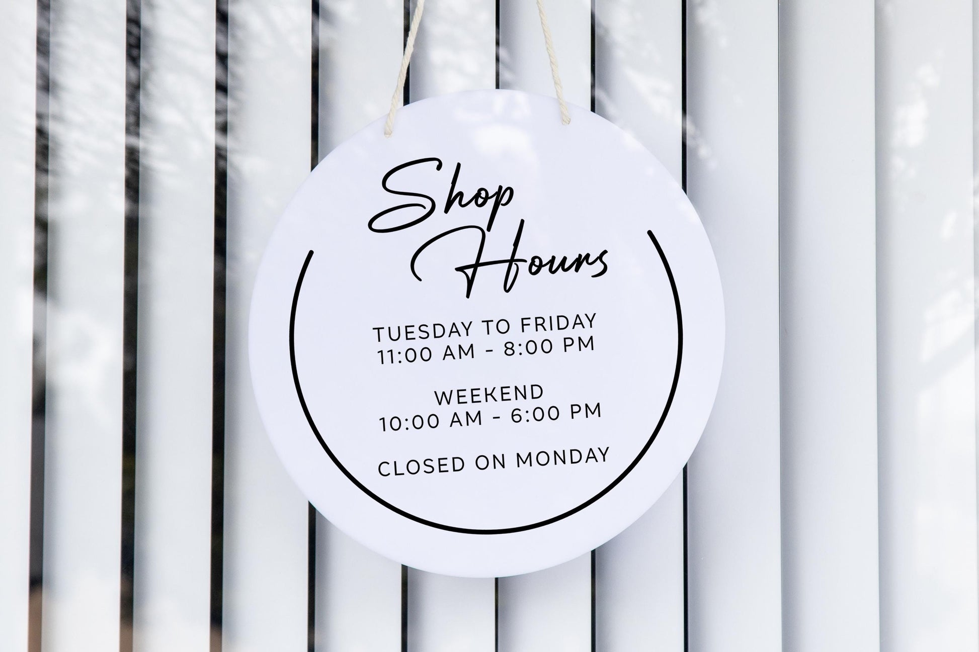 Round Hanging Acrylic Sign (Store Hours) w/ White Rope - custom signage for office home rental door, small business, spa salon working signs