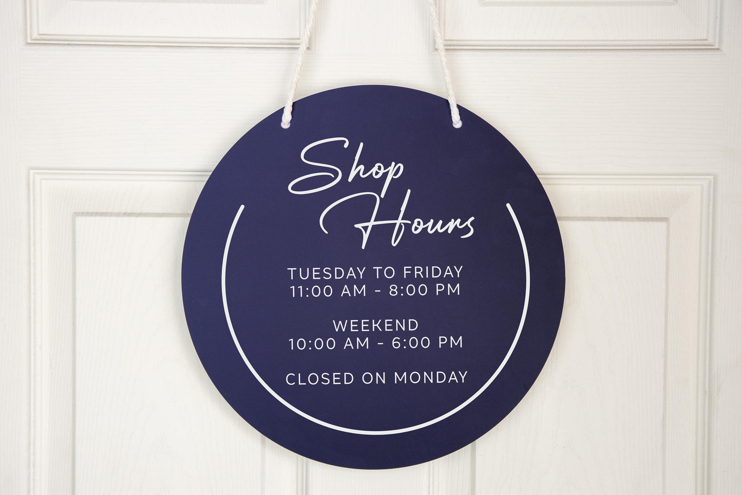 Round Hanging Acrylic Sign (Store Hours) w/ White Rope - custom signage for office home rental door, small business, spa salon working signs