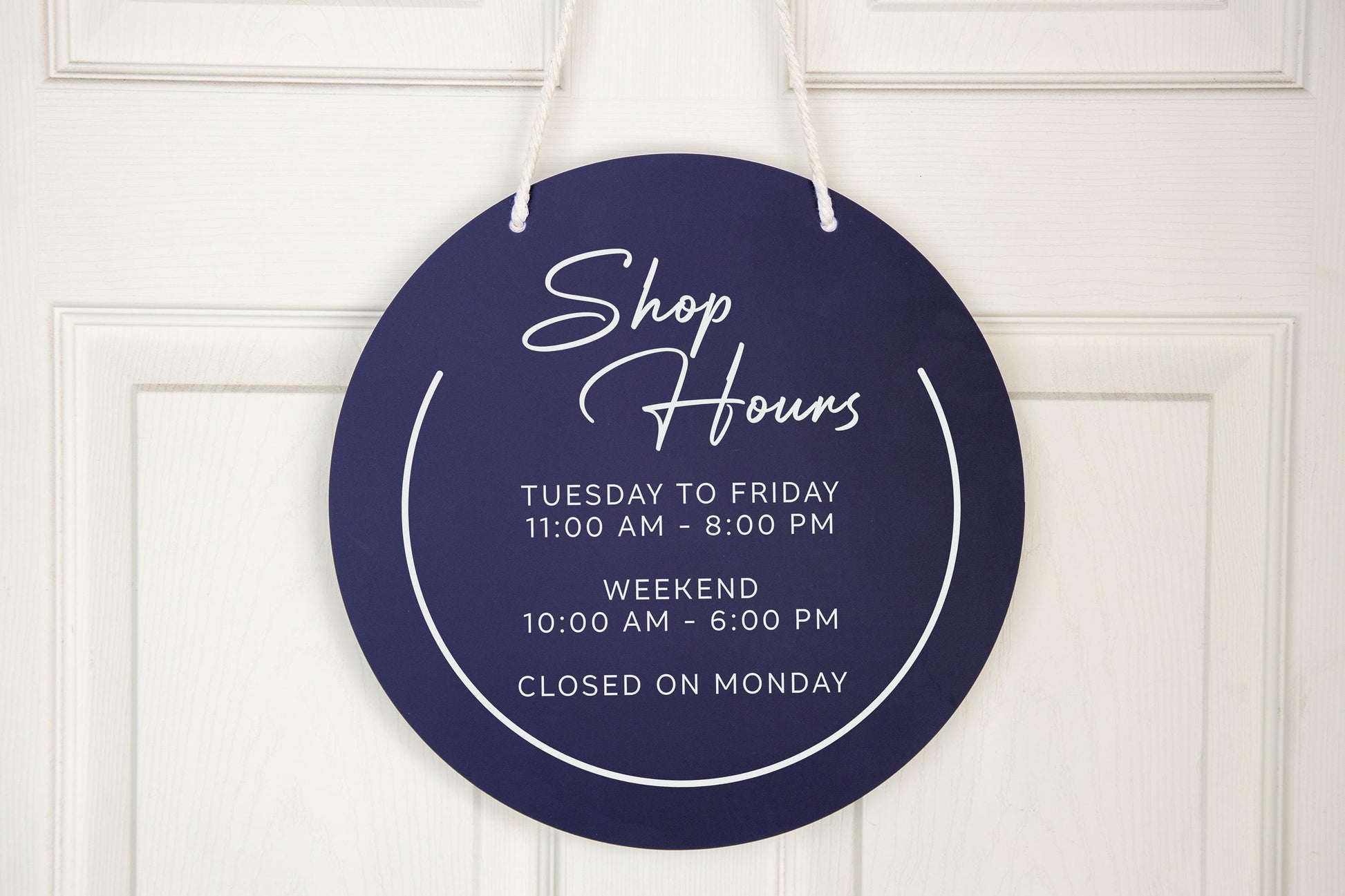 Round Hanging Acrylic Sign (Store Hours) w/ White Rope - custom signage for office home rental door, small business, spa salon working signs
