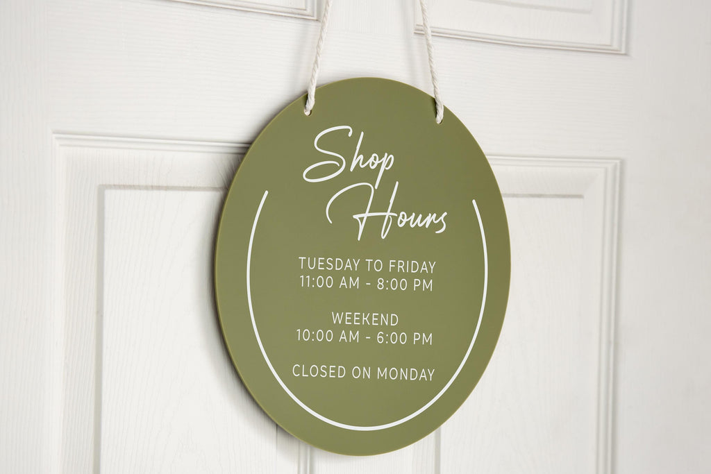 Round Hanging Acrylic Sign (Store Hours) w/ White Rope - custom signage for office home rental door, small business, spa salon working signs