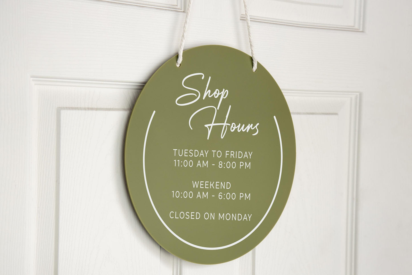 Round Hanging Acrylic Sign (Store Hours) w/ White Rope - custom signage for office home rental door, small business, spa salon working signs