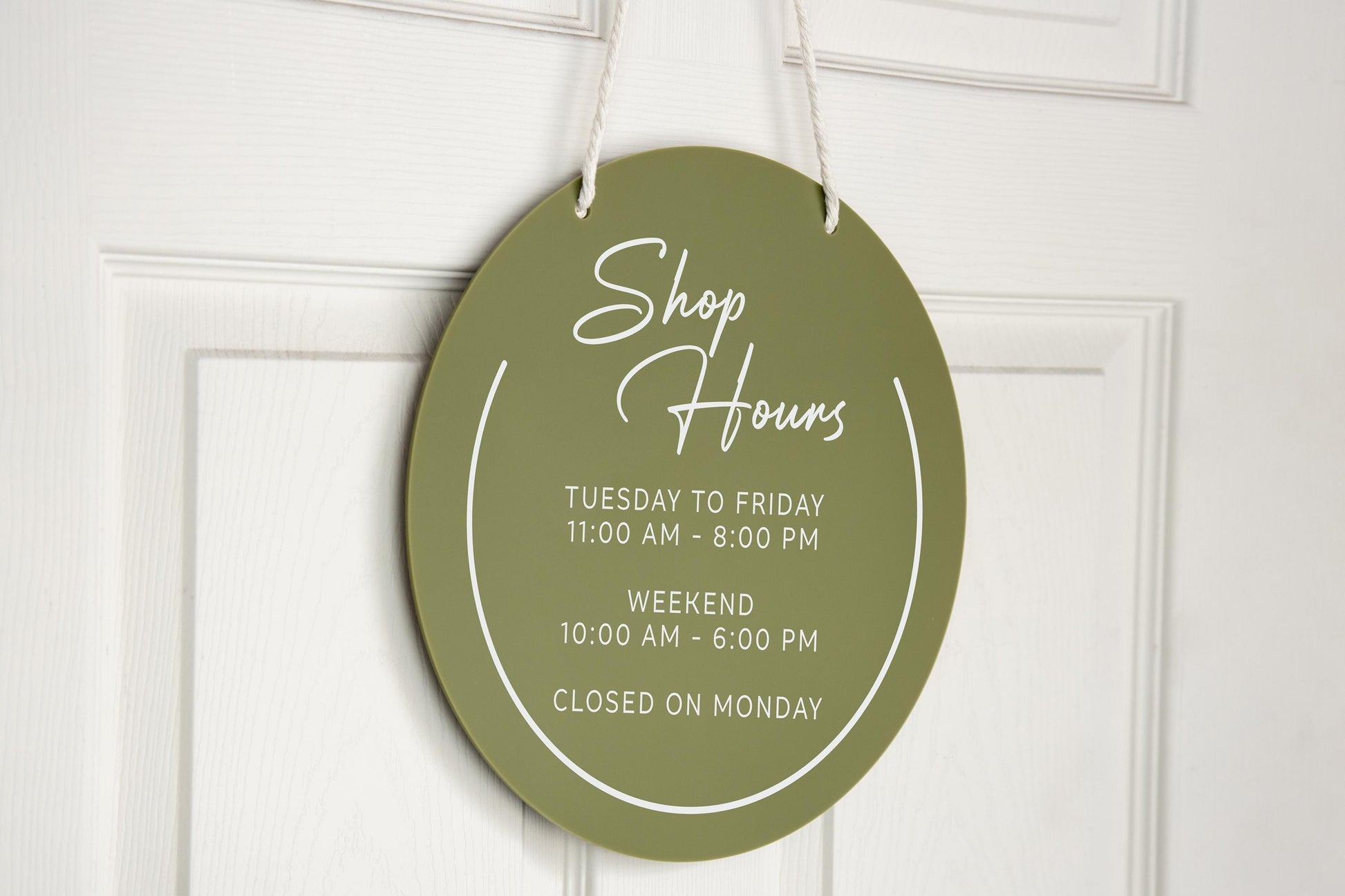 Round Hanging Acrylic Sign (Store Hours) w/ White Rope - custom signage for office home rental door, small business, spa salon working signs