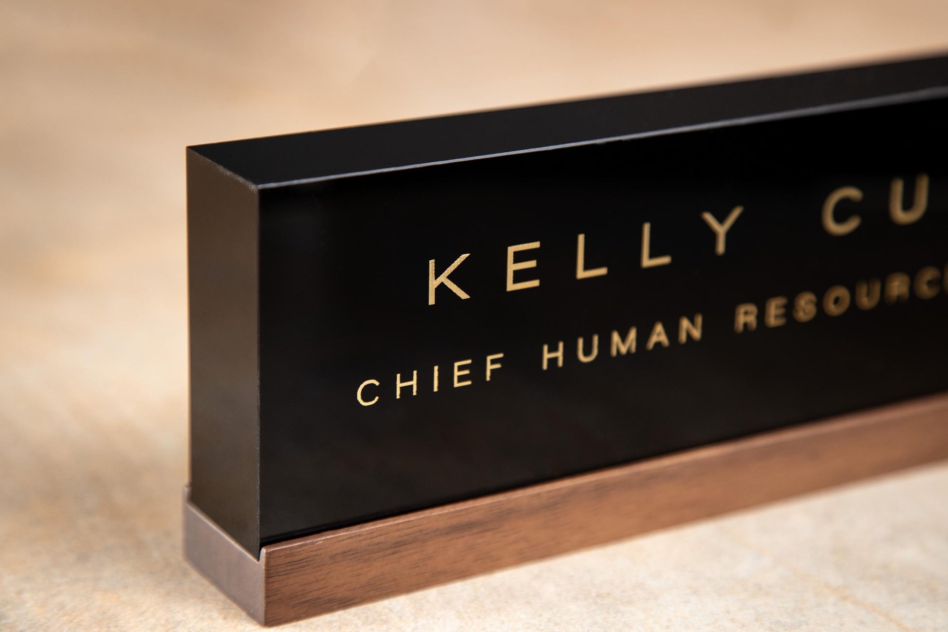 Personalized Foil Acrylic Name Block (Black) w/ Optional Wood Base - Minimal Executive Desk CEO Sign, Job Office Teacher or Promotion Gift
