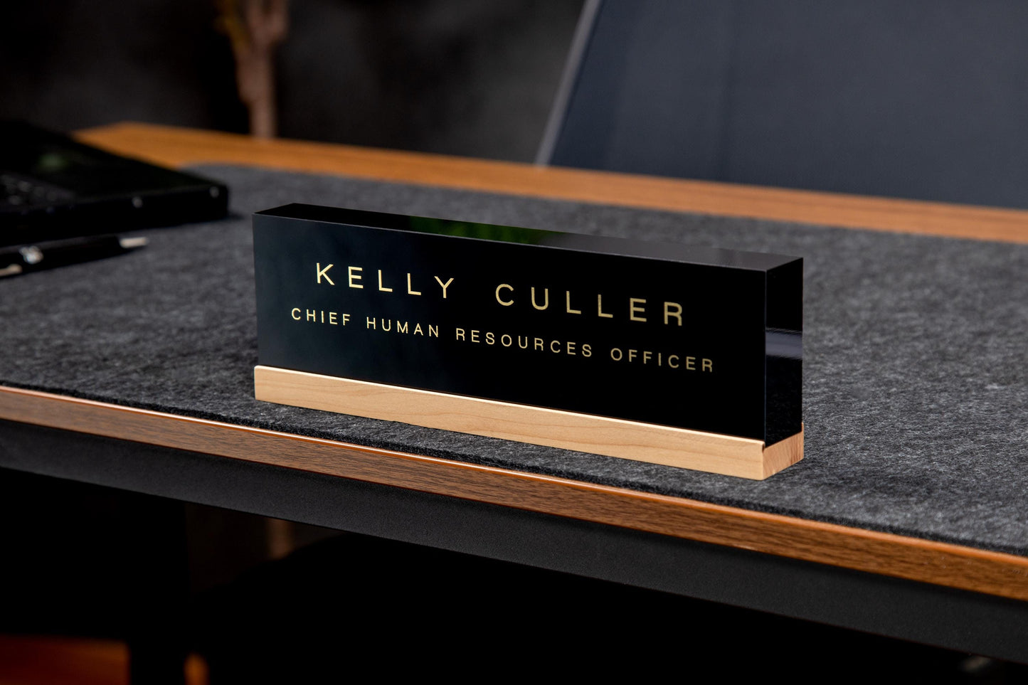 Personalized Foil Acrylic Name Block (Black) w/ Optional Wood Base - Minimal Executive Desk CEO Sign, Job Office Teacher or Promotion Gift