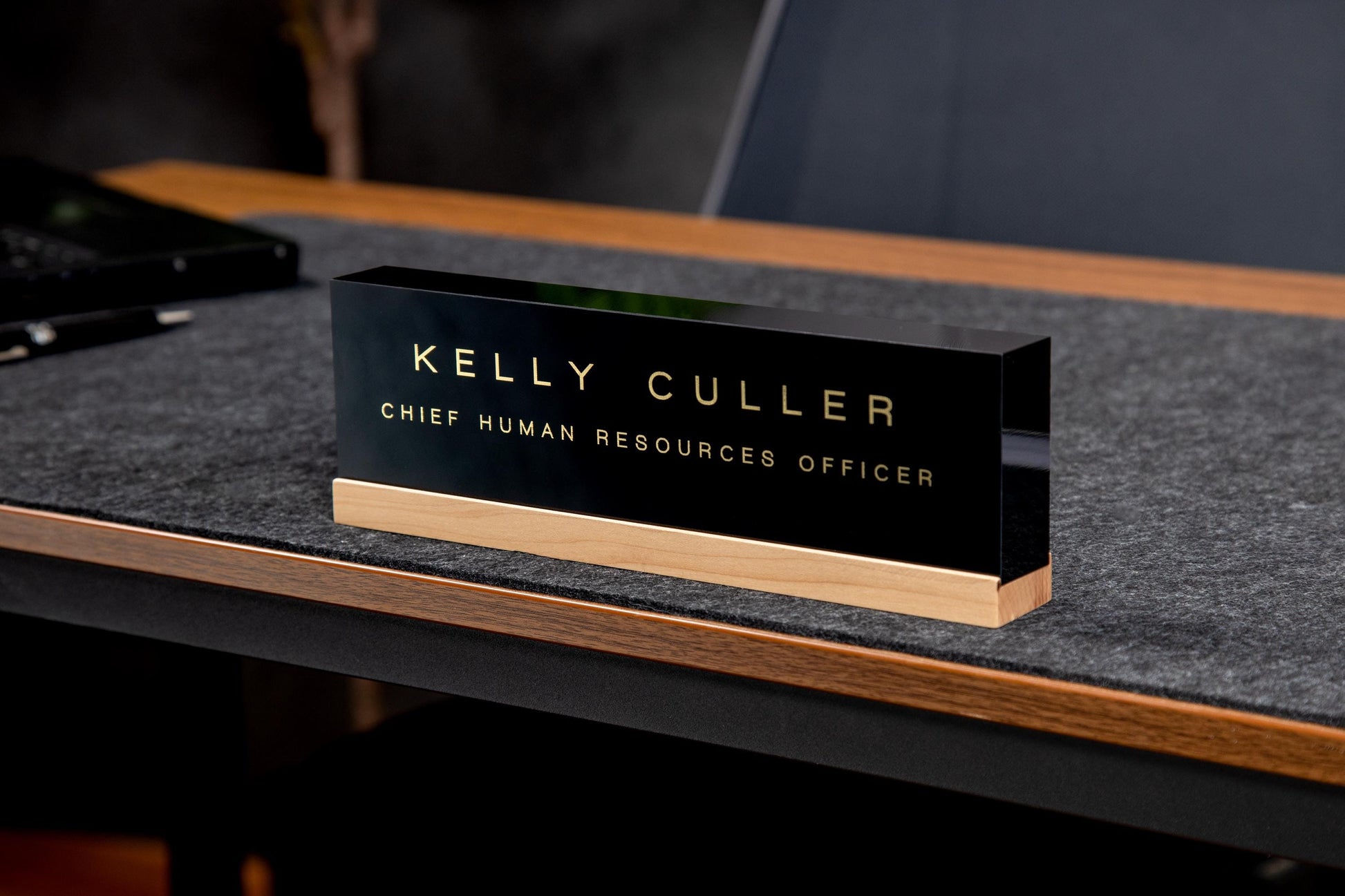Personalized Foil Acrylic Name Block (Black) w/ Optional Wood Base - Minimal Executive Desk CEO Sign, Job Office Teacher or Promotion Gift