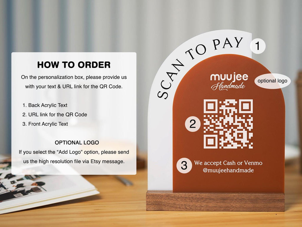 Full Arch Double Acrylic Sign w/ Walnut Base (QR Code D1) - Scannable Scan to Pay Signage, Business Website Social Media Venmo Craft Shows