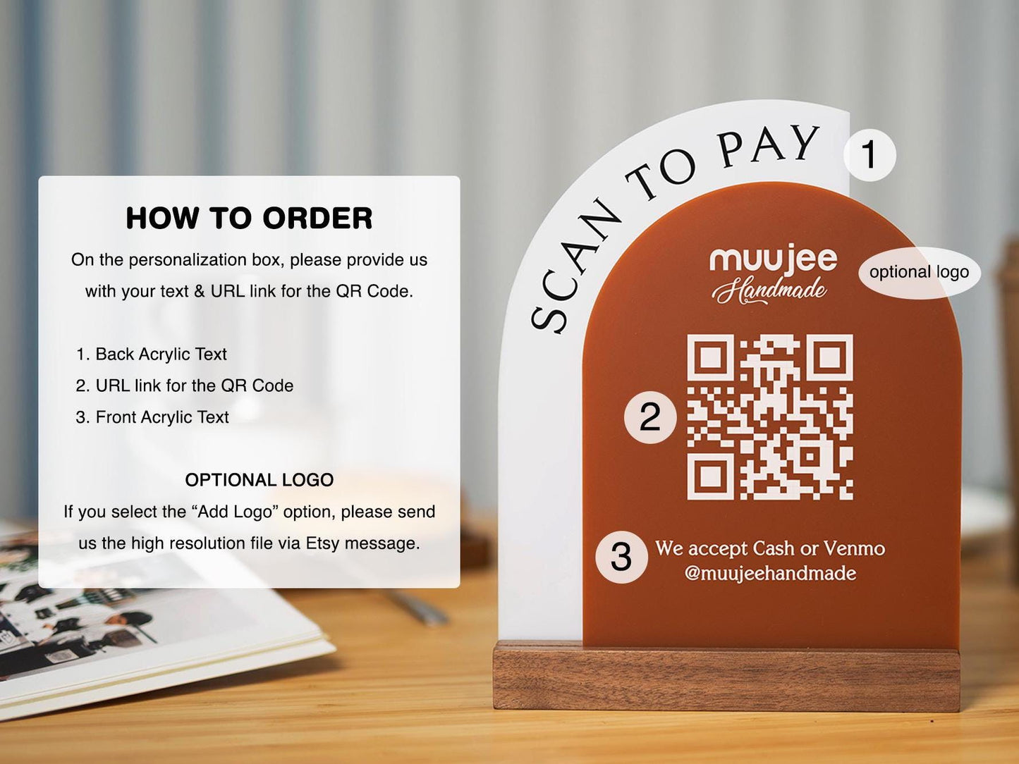 Full Arch Double Acrylic Sign w/ Walnut Base (QR Code D1) - Scannable Scan to Pay Signage, Business Website Social Media Venmo Craft Shows