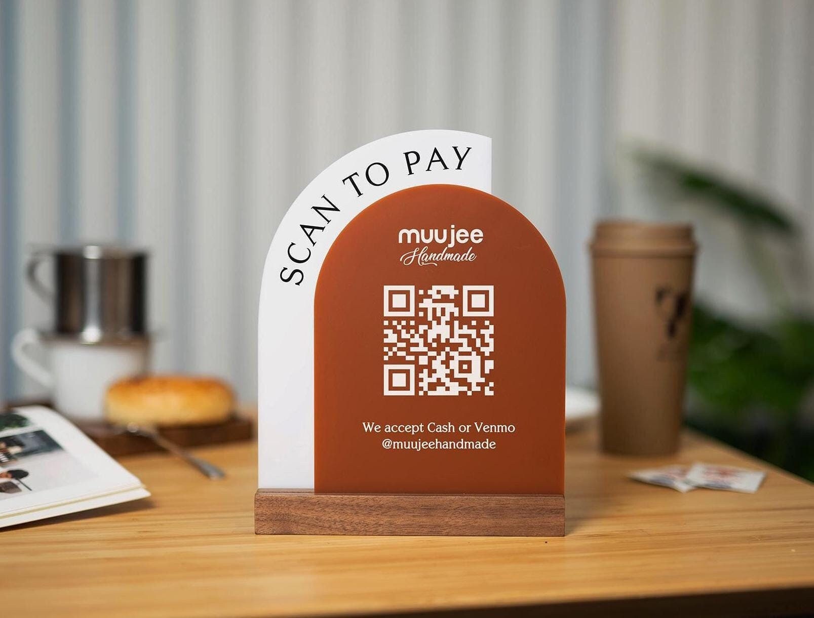 Full Arch Double Acrylic Sign w/ Walnut Base (QR Code D1) - Scannable Scan to Pay Signage, Business Website Social Media Venmo Craft Shows