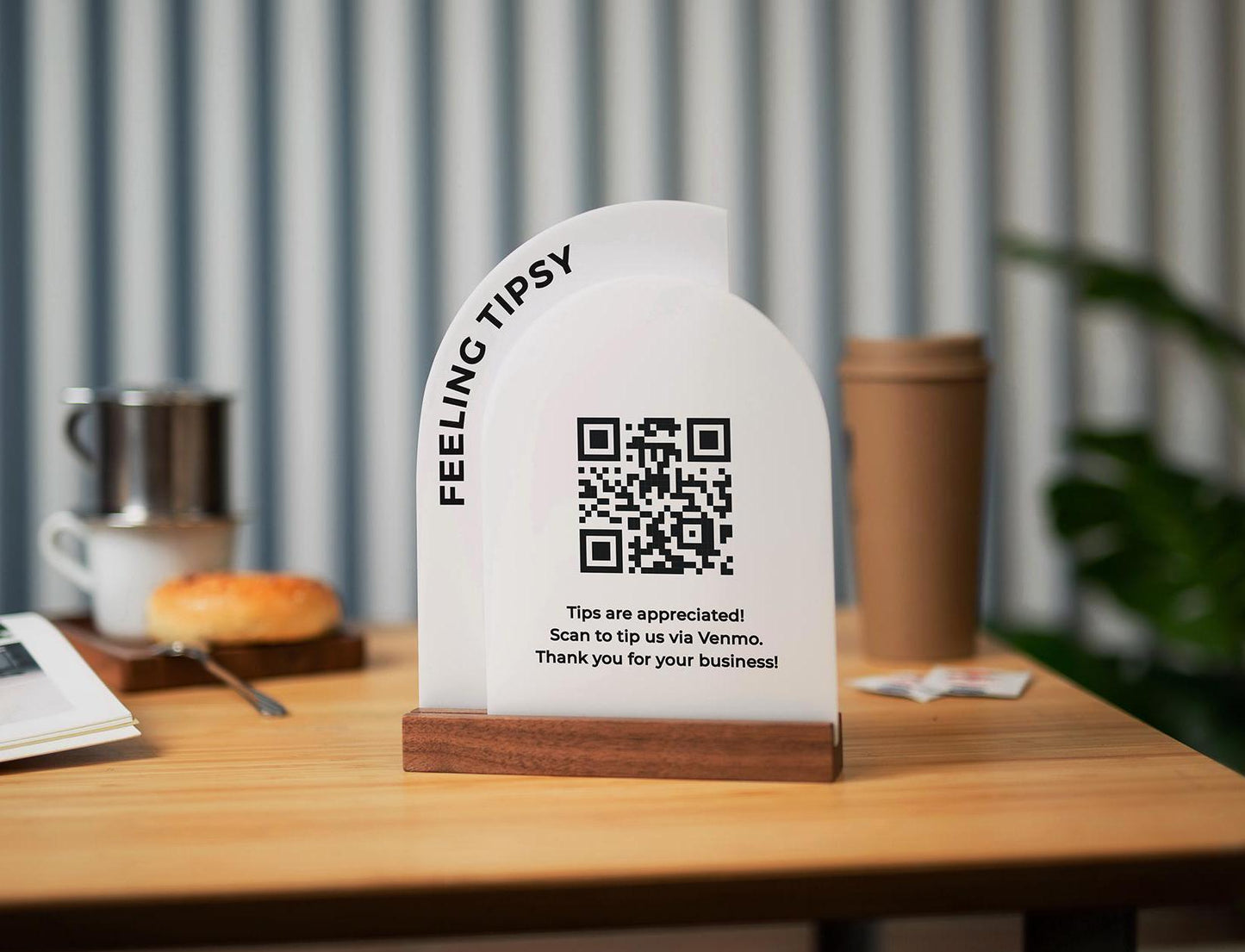 Full Arch Double Acrylic Sign w/ Walnut Base (QR Code D2) - Scannable Scan to Pay Signage, Business Website Social Media Venmo Craft Shows